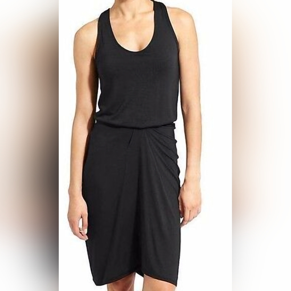 Athleta Daytrip Black Midi Racerback Sleeveless Ruched Dress Sz L‎